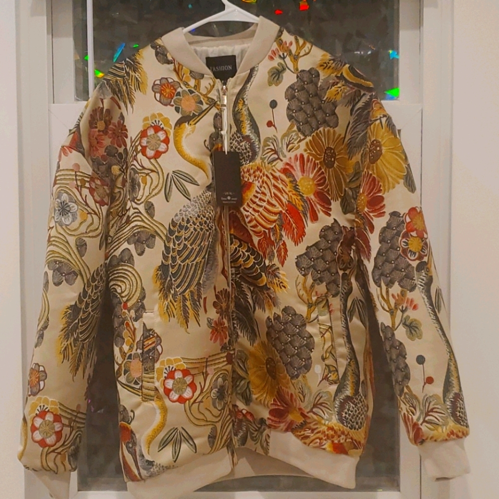 Jacket Embroidered Floral Slim Fit Hip Hop Flight Bomber Jacket Coat, Black